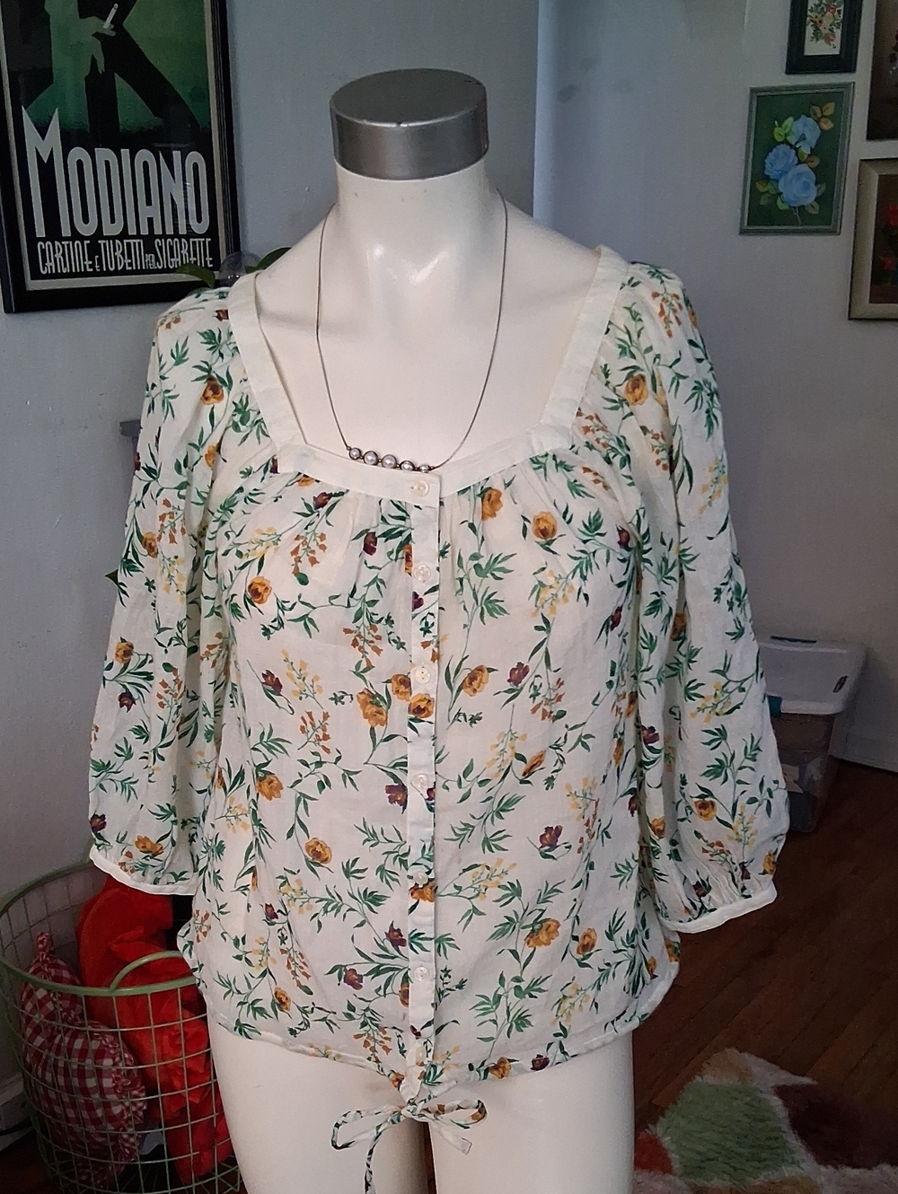 Lucky Brand Cream Floral Square-Neck Tie-Hem Blouse